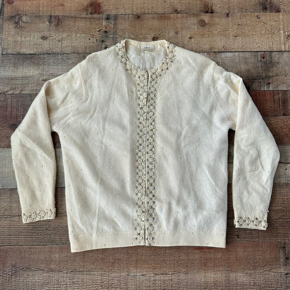 Women's Vintage Wool Angora Cream Beaded Crewneck Sweater With Clasp Closures